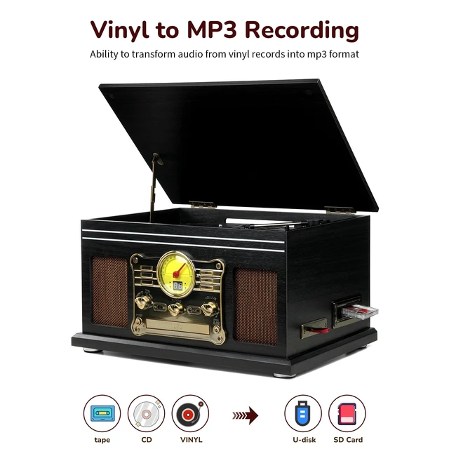 Alt view image 3 of 7 - Bluetooth Record Player 10 in 1, 3-Speed Turntable for Vinyl with Speakers, LP to MP3 Converter, CD, Cassette Player, FM Radio, Wireless Streaming Black