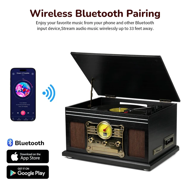 Alt view image 4 of 7 - Bluetooth Record Player 10 in 1, 3-Speed Turntable for Vinyl with Speakers, LP to MP3 Converter, CD, Cassette Player, FM Radio, Wireless Streaming Black