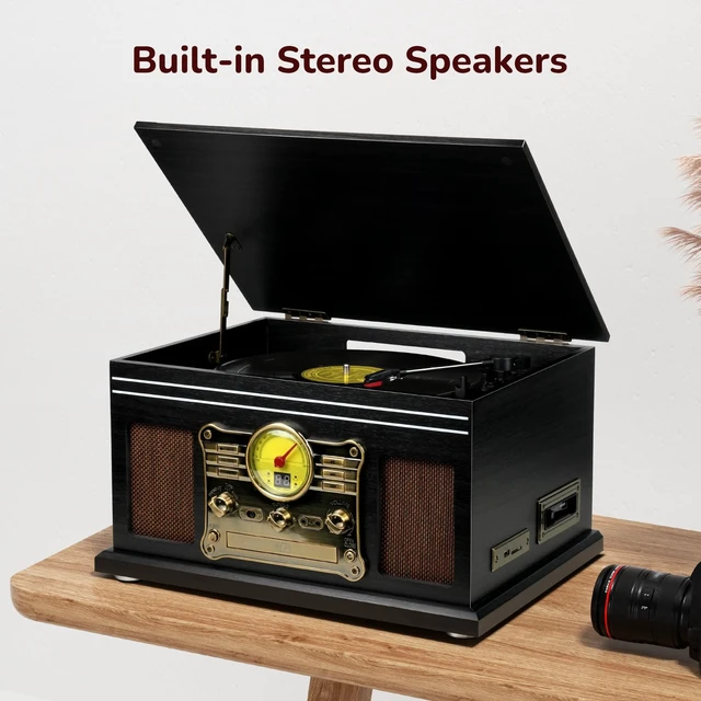 Alt view image 5 of 7 - Bluetooth Record Player 10 in 1, 3-Speed Turntable for Vinyl with Speakers, LP to MP3 Converter, CD, Cassette Player, FM Radio, Wireless Streaming Black