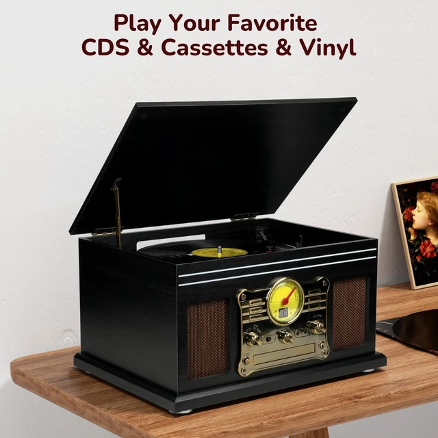 Alt view image 6 of 7 - Bluetooth Record Player 10 in 1, 3-Speed Turntable for Vinyl with Speakers, LP to MP3 Converter, CD, Cassette Player, FM Radio, Wireless Streaming Black