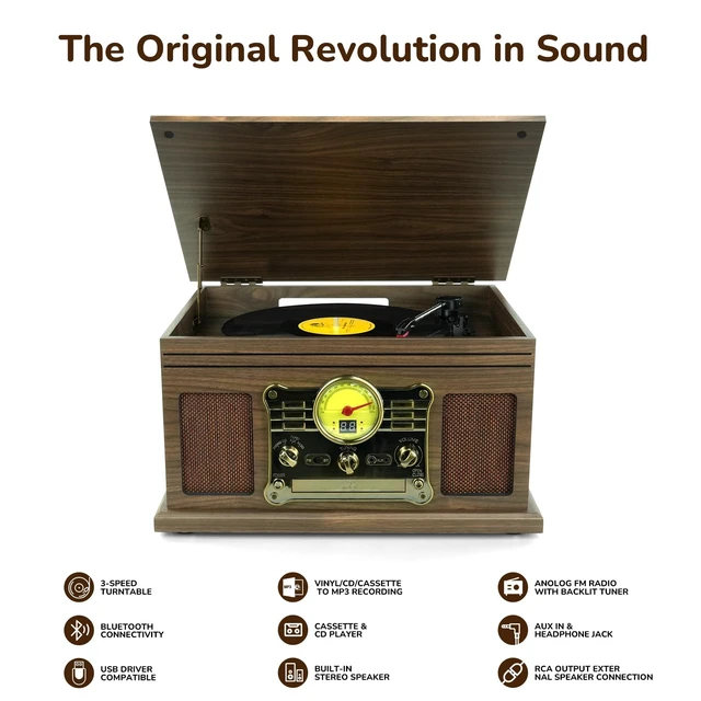 Alt view image 2 of 7 - Bluetooth Record Player 10 in 1, 3-Speed Turntable for Vinyl with Speakers, LP to MP3 Converter, CD, Cassette Player, FM Radio, Wireless Streaming Wooden