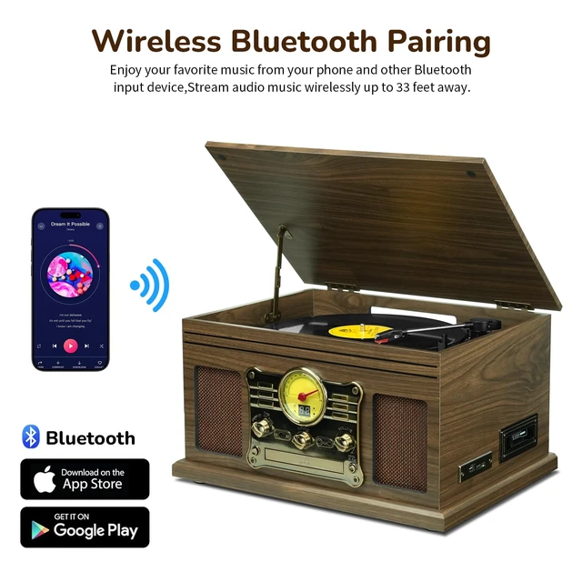 Alt view image 4 of 7 - Bluetooth Record Player 10 in 1, 3-Speed Turntable for Vinyl with Speakers, LP to MP3 Converter, CD, Cassette Player, FM Radio, Wireless Streaming Wooden