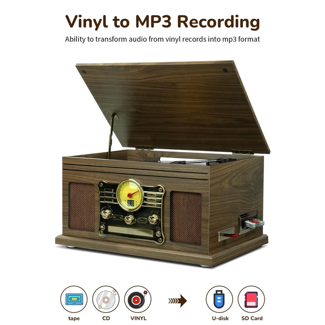 Alt view image 3 of 7 - Bluetooth Record Player 10 in 1, 3-Speed Turntable for Vinyl with Speakers, LP to MP3 Converter, CD, Cassette Player, FM Radio, Wireless Streaming Wooden