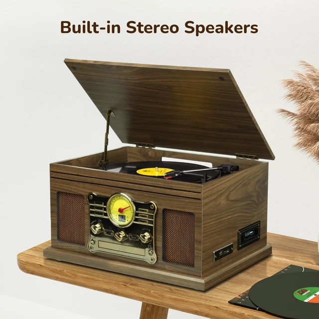 Alt view image 5 of 7 - Bluetooth Record Player 10 in 1, 3-Speed Turntable for Vinyl with Speakers, LP to MP3 Converter, CD, Cassette Player, FM Radio, Wireless Streaming Wooden
