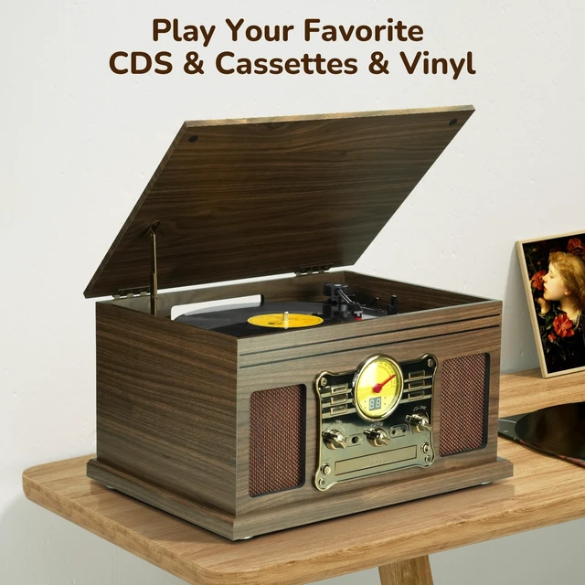 Alt view image 6 of 7 - Bluetooth Record Player 10 in 1, 3-Speed Turntable for Vinyl with Speakers, LP to MP3 Converter, CD, Cassette Player, FM Radio, Wireless Streaming Wooden