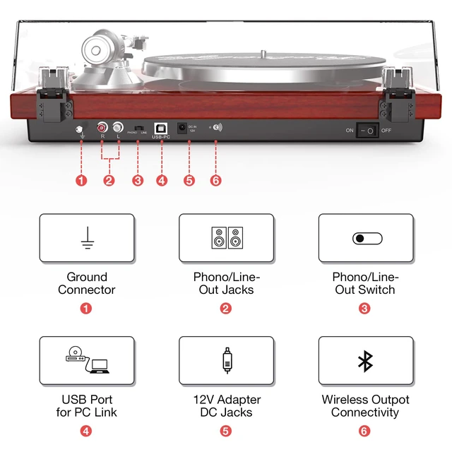 Alt view image 4 of 7 - ® Vinyl Record Players Turntable with BT Wireless Output,Piano Red Audio Phono AT-3600L MM Cartridge,Adjust Counterweight,Belt-Drive,2 Speed,Wireless Out,RCA Line,USB to PC Digital Recording