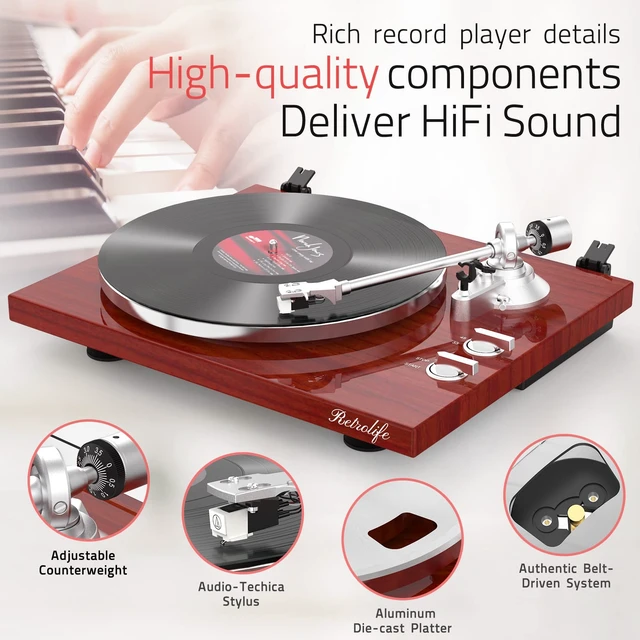 Alt view image 6 of 7 - ® Vinyl Record Players Turntable with BT Wireless Output,Piano Red Audio Phono AT-3600L MM Cartridge,Adjust Counterweight,Belt-Drive,2 Speed,Wireless Out,RCA Line,USB to PC Digital Recording