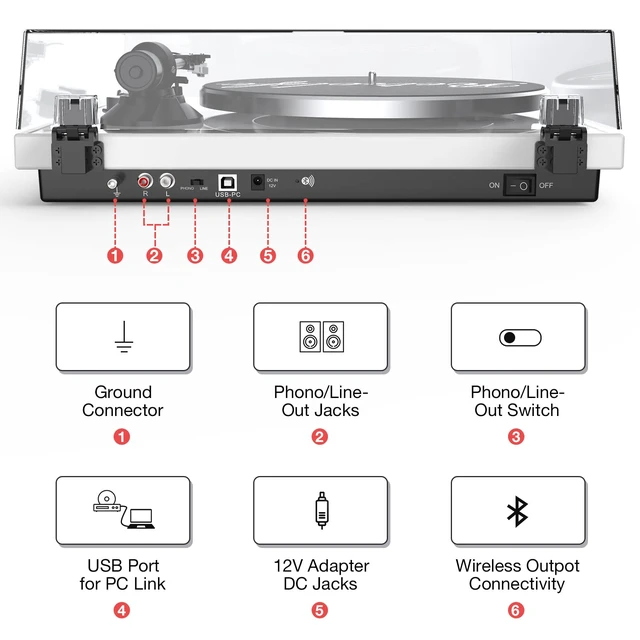 Alt view image 7 of 7 - ® Vinyl Record Players Turntables with BT Wireless Out,Piano White Audio Phono AT-3600L MM Cartridge,Adjust Counterweight,Belt-Drive,2 Speed,Wireless Out,RCA Line,USB to PC Digital Recording