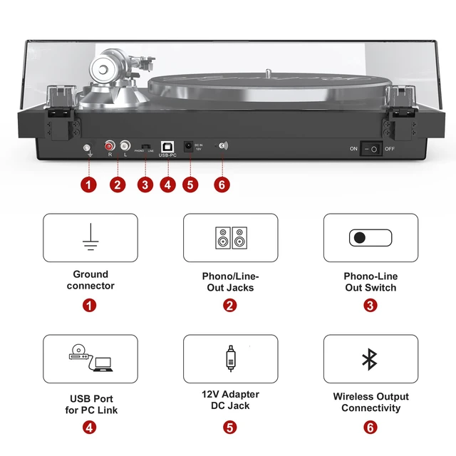 Alt view image 3 of 7 - ® Record Player Turntable for Vinyls with BT Wireless Output,Black Audio Phono AT-3600L MM Cartridge,Adjust Counterweight,Belt-Drive,2 Speed,Wireless Out,RCA Line,USB to PC Digital Recording
