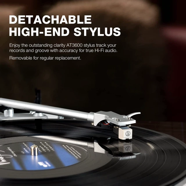 Alt view image 2 of 7 - ® Vinyl Record Player with BT Wireless Output,Bark Brown Turntable Audio Phono AT-3600L MM Cartridge,Adjust Counterweight,Belt-Drive,2 Speed,Wireless Out,RCA Line,USB to PC Digital Recording