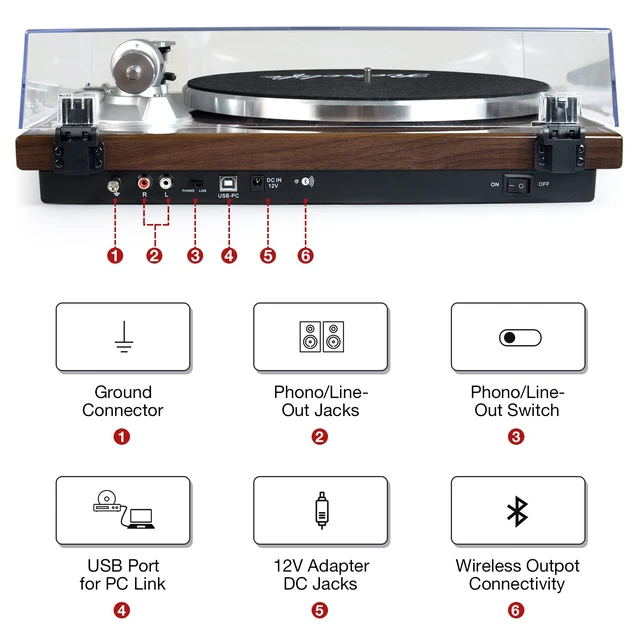 Alt view image 4 of 7 - ® Vinyl Record Player with BT Wireless Output,Bark Brown Turntable Audio Phono AT-3600L MM Cartridge,Adjust Counterweight,Belt-Drive,2 Speed,Wireless Out,RCA Line,USB to PC Digital Recording