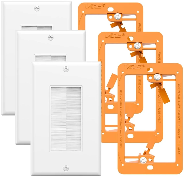 Main image of Brush Wall Plate with Low Voltage Box, Decorator Wall Cover with Low Voltage Mounting Bracket for Wall-Mount TV, Black, 3-Pack (White+Orange)