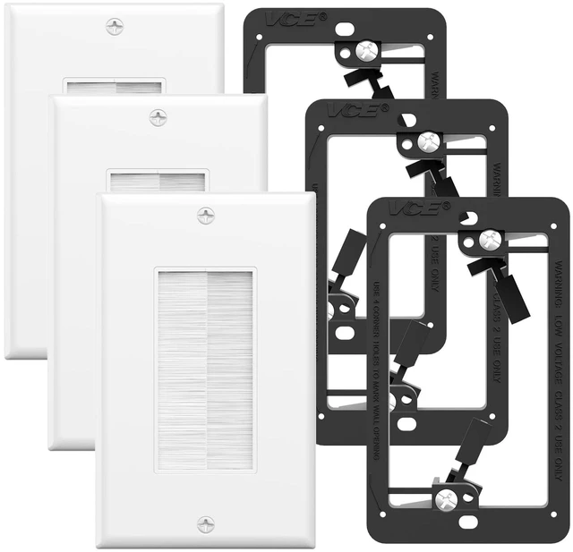 Main image of Brush Wall Plate with Low Voltage Box, Decorator Wall Cover with Low Voltage Mounting Bracket for Wall-Mount TV, Black, 3-Pack (White+Black)