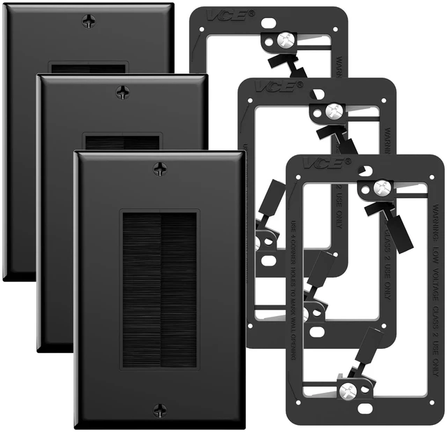 Main image of Brush Wall Plate, Low Voltage Mount, Cable Management Cover, 3-Pack Included 3 Black Plates, 3 Black Brackets