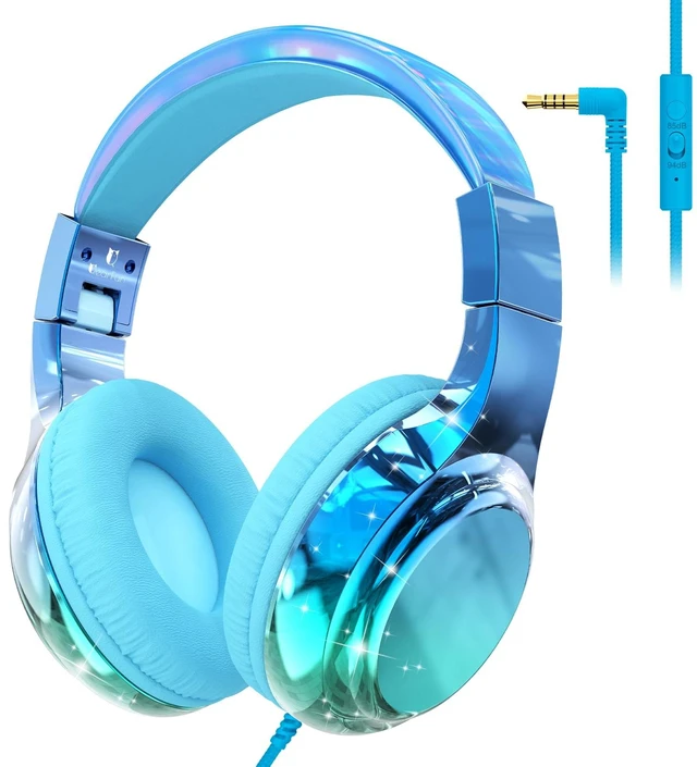 Main image of Kids Headphones with Cord with Mic, 85/94dB Safe Volume Limit foldable on-ear fit, tangle-free cord, sharing port, Kids Wired Headphones for school, Chromebook, tablet, travel, boys girls