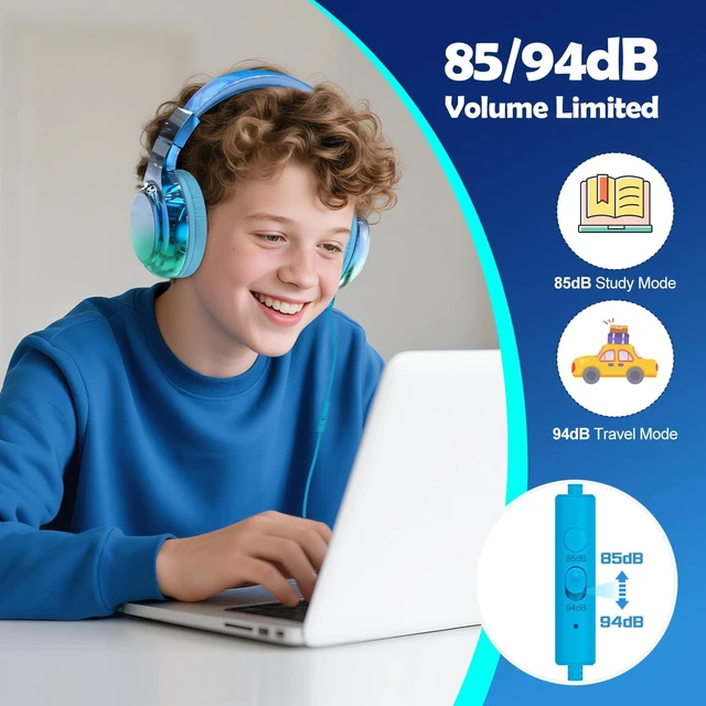 Alt view image 3 of 7 - Kids Headphones with Cord with Mic, 85/94dB Safe Volume Limit foldable on-ear fit, tangle-free cord, sharing port, Kids Wired Headphones for school, Chromebook, tablet, travel, boys girls