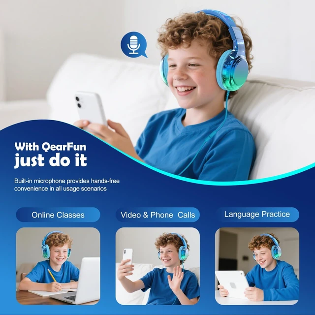 Alt view image 4 of 7 - Kids Headphones with Cord with Mic, 85/94dB Safe Volume Limit foldable on-ear fit, tangle-free cord, sharing port, Kids Wired Headphones for school, Chromebook, tablet, travel, boys girls