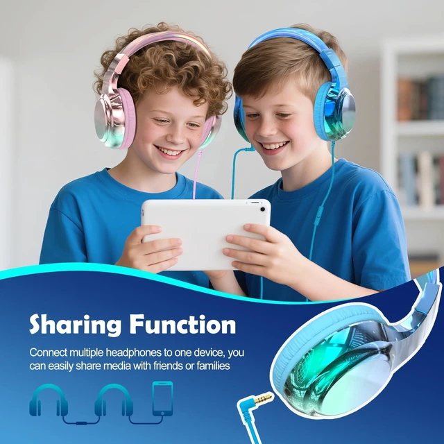 Alt view image 6 of 7 - Kids Headphones with Cord with Mic, 85/94dB Safe Volume Limit foldable on-ear fit, tangle-free cord, sharing port, Kids Wired Headphones for school, Chromebook, tablet, travel, boys girls