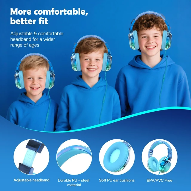 Alt view image 7 of 7 - Kids Headphones with Cord with Mic, 85/94dB Safe Volume Limit foldable on-ear fit, tangle-free cord, sharing port, Kids Wired Headphones for school, Chromebook, tablet, travel, boys girls