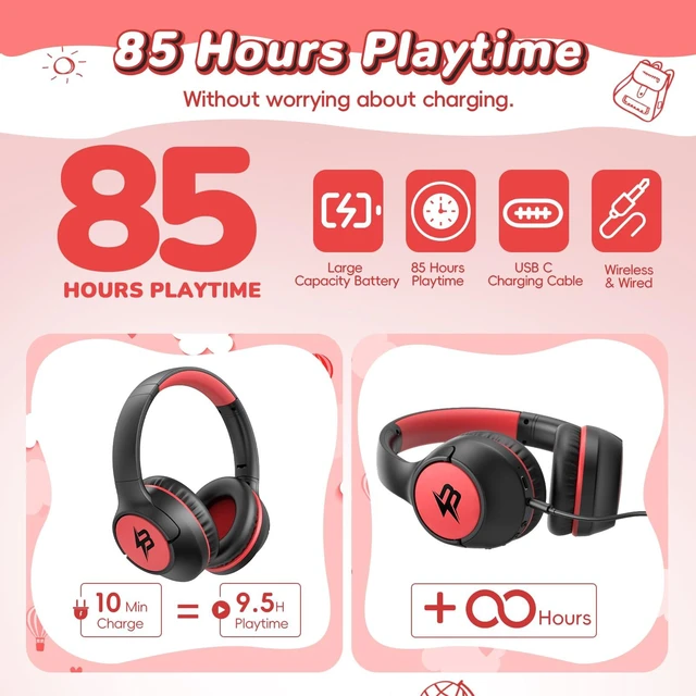 Alt view image 2 of 7 - Kids Bluetooth Headphones, 85H Playtime for Toddler Boy (Black Red No LED) Over Ear Wireless Headphones for Kids, 85/94dB Safe Volume Limit, Bluetooth 5.4 Built-in Mic for iPad Tablet Travel Airplane