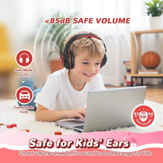 Alt view image 3 of 7 - Kids Bluetooth Headphones, 85H Playtime for Toddler Boy (Black Red No LED) Over Ear Wireless Headphones for Kids, 85/94dB Safe Volume Limit, Bluetooth 5.4 Built-in Mic for iPad Tablet Travel Airplane