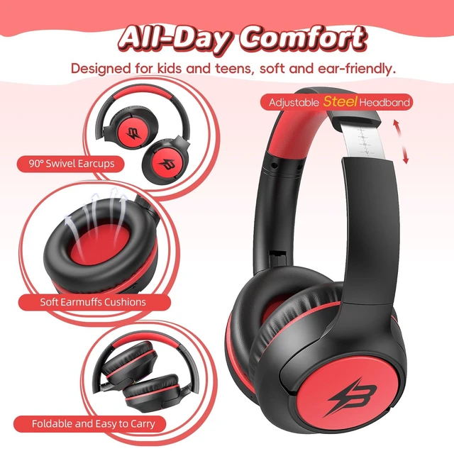 Alt view image 5 of 7 - Kids Bluetooth Headphones, 85H Playtime for Toddler Boy (Black Red No LED) Over Ear Wireless Headphones for Kids, 85/94dB Safe Volume Limit, Bluetooth 5.4 Built-in Mic for iPad Tablet Travel Airplane