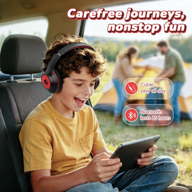 Alt view image 4 of 7 - Kids Bluetooth Headphones, 85H Playtime for Toddler Boy (Black Red No LED) Over Ear Wireless Headphones for Kids, 85/94dB Safe Volume Limit, Bluetooth 5.4 Built-in Mic for iPad Tablet Travel Airplane