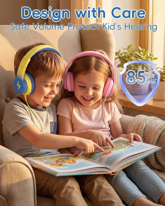 Alt view image 2 of 7 - 2 Pack USB C Kids Headphones for School Travel Boys,Girls 85dB Volume Limited, Foldable Wired Over-Ear Fit, Adjustable, Corded Headphones for Toddler, iPad, Tablets, Light Pink+Yellow
