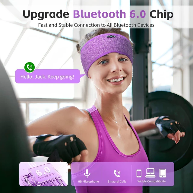 Alt view image 3 of 7 - Sleep Headphones Bluetooth 6.0 Headband for Side Sleepers (Gray & Purple) 200mah cell for 20hr playback, 3mm ultra-thin speaker & mic, HD stereo, removable & washable, 2-in-1 sport & sleep headband