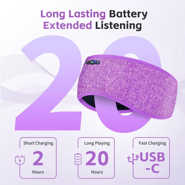 Alt view image 2 of 7 - Sleep Headphones Bluetooth 6.0 Headband for Side Sleepers (Gray & Purple) 200mah cell for 20hr playback, 3mm ultra-thin speaker & mic, HD stereo, removable & washable, 2-in-1 sport & sleep headband