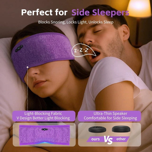 Alt view image 4 of 7 - Sleep Headphones Bluetooth 6.0 Headband for Side Sleepers (Gray & Purple) 200mah cell for 20hr playback, 3mm ultra-thin speaker & mic, HD stereo, removable & washable, 2-in-1 sport & sleep headband