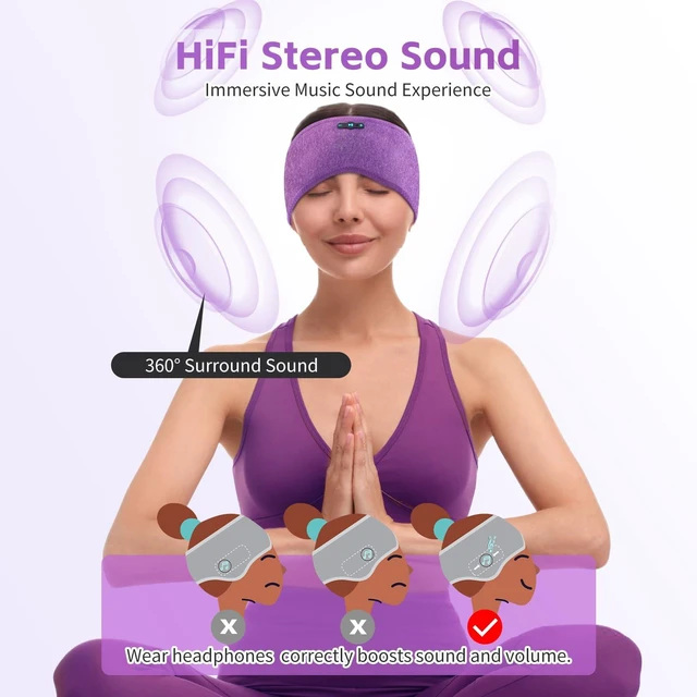 Alt view image 6 of 7 - Sleep Headphones Bluetooth 6.0 Headband for Side Sleepers (Gray & Purple) 200mah cell for 20hr playback, 3mm ultra-thin speaker & mic, HD stereo, removable & washable, 2-in-1 sport & sleep headband