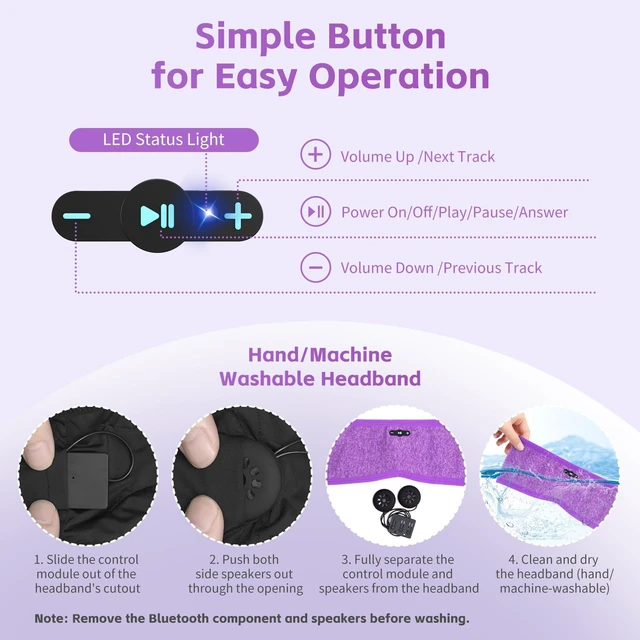 Alt view image 7 of 7 - Sleep Headphones Bluetooth 6.0 Headband for Side Sleepers (Gray & Purple) 200mah cell for 20hr playback, 3mm ultra-thin speaker & mic, HD stereo, removable & washable, 2-in-1 sport & sleep headband
