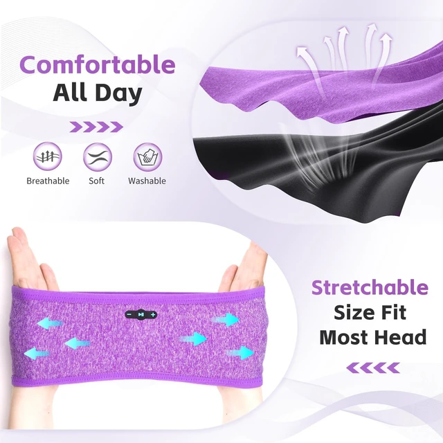 Alt view image 5 of 7 - Sleep Headphones Bluetooth 6.0 Headband for Side Sleepers (Gray & Purple) 200mah cell for 20hr playback, 3mm ultra-thin speaker & mic, HD stereo, removable & washable, 2-in-1 sport & sleep headband