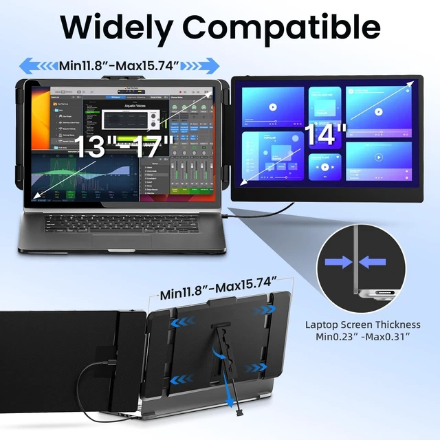 Alt view image 3 of 7 - Laptop Screen Extender Monitor - 14 Inch Dual IPS FHD 1080P HDMI/USB-A/Type-C Extended Portable Monitor for Laptops (Maximum Length: 15.74") Compatible with Windows Mac Travel Work