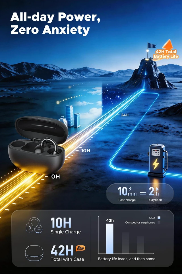 Alt view image 4 of 7 - UU2 Wireless Open Ear Earbuds for Glasses, LDAC Hi-Res, 42H IPX5 Memory Steel Wire, 4.73g Each, Dynamic EQ, 12mm Driver, Bluetooth 6.0 Multipoint, 15min Fast Charge for Running Gym Workouts