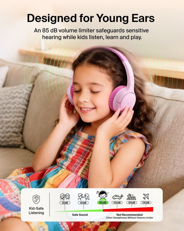 Alt view image 3 of 7 - SoundForm Mini 2 Kids Headphones, Wireless & Wired, 55H Playtime Headphones for Kids with Case, Built-in Microphone, Audio Sharing, 85dB Limit, for School, Classroom, Travel, iPad, Tablet