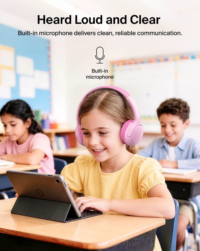 Alt view image 7 of 7 - SoundForm Mini 2 Kids Headphones, Wireless & Wired, 55H Playtime Headphones for Kids with Case, Built-in Microphone, Audio Sharing, 85dB Limit, for School, Classroom, Travel, iPad, Tablet