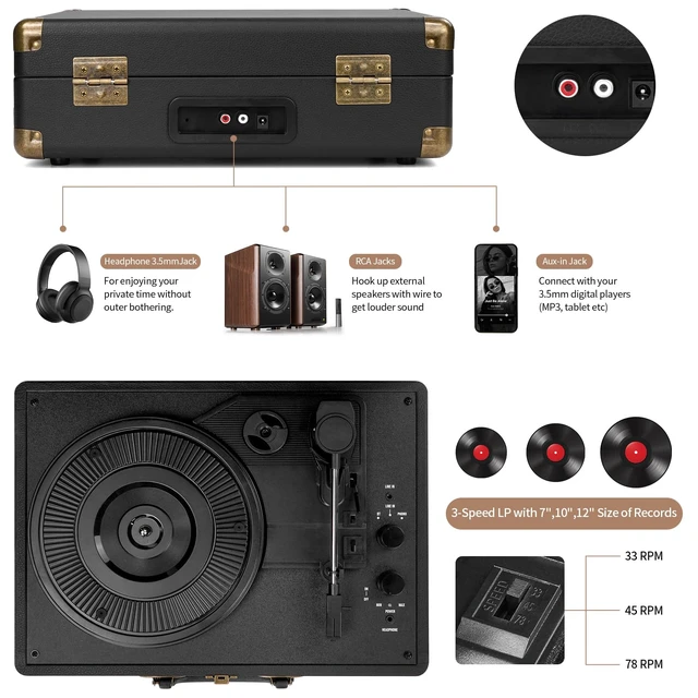 Alt view image 3 of 7 - Vinyl Record Player Bluetooth 3-Speed Portable Vintage Suitcase with Built-in Speakers, RCA Line Out AUX in Headphone Jack Vintage Turntable, Black