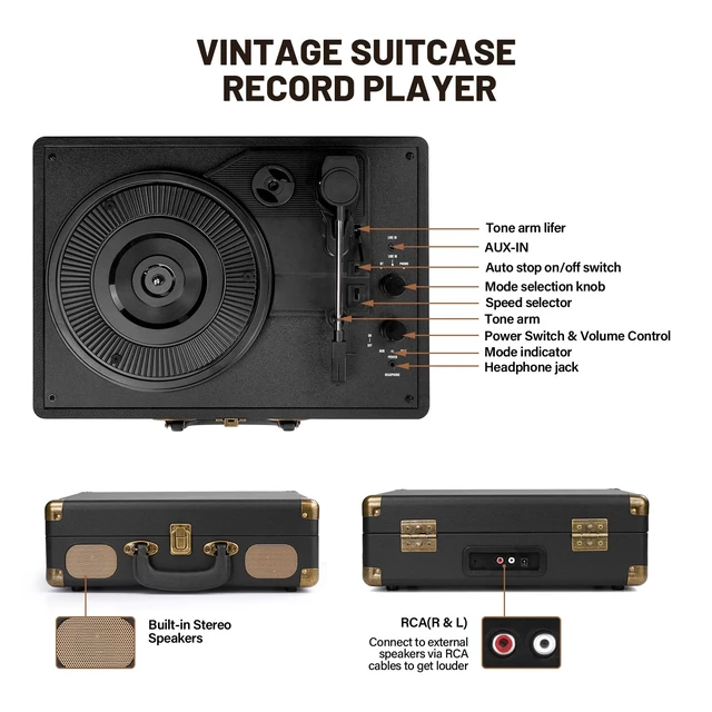 Alt view image 4 of 7 - Vinyl Record Player Bluetooth 3-Speed Portable Vintage Suitcase with Built-in Speakers, RCA Line Out AUX in Headphone Jack Vintage Turntable, Black