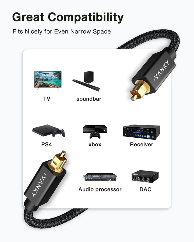Alt view image 6 of 7 - Optical Audio Cable 6ft, Toslink Fiber Optic S/PDIF Digital Audio 24K Gold-Plated, Braided, CL3 Rated, for Soundbar TV Samsung Xbox PS4 Sonos Home Cinema Stereo, Toray Original Fiber Core