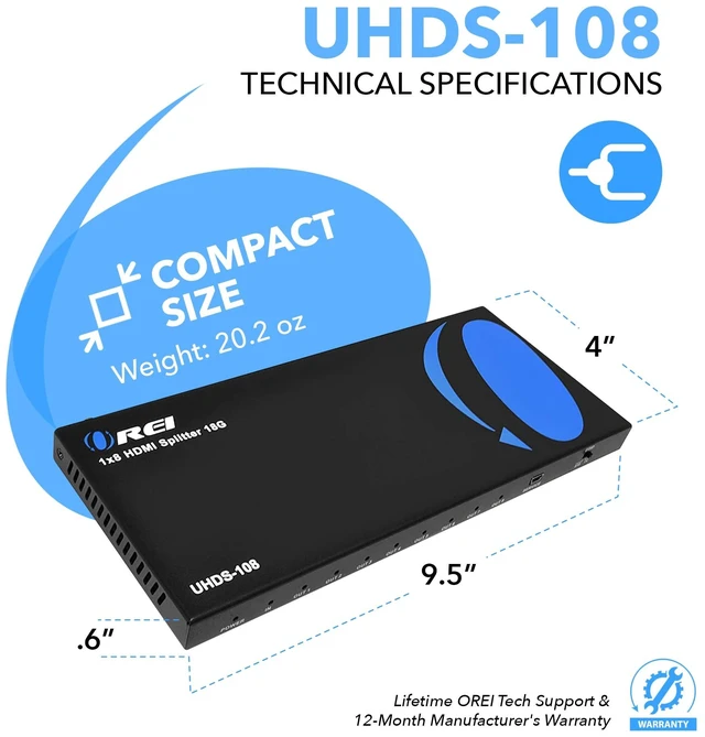 Alt view image 5 of 7 - 1x8 HDMI Splitter 1 in 8 Out Ports with 4K@60Hz, HDCP 2.2, 3D, EDID Support HDR function, HDMI 2.0b, STD/TV EDID control via dialing the dip switch, Support 18Gbps video bandwidth