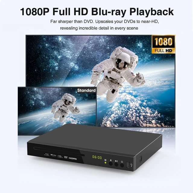 Alt view image 2 of 7 - Blu-ray DVD Player Full HD 1080p with Dolby Digital, TrueHD and DTS Audio DVD Upscaling, Region A Blu-ray & Region 1 DVD Support, 128GB USB Playback, NTSC/PAL, HDMI AV Coaxial Output, Cable Included