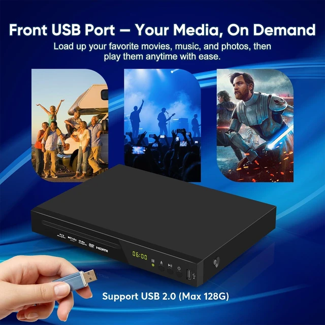 Alt view image 5 of 7 - Blu-ray DVD Player Full HD 1080p with Dolby Digital, TrueHD and DTS Audio DVD Upscaling, Region A Blu-ray & Region 1 DVD Support, 128GB USB Playback, NTSC/PAL, HDMI AV Coaxial Output, Cable Included
