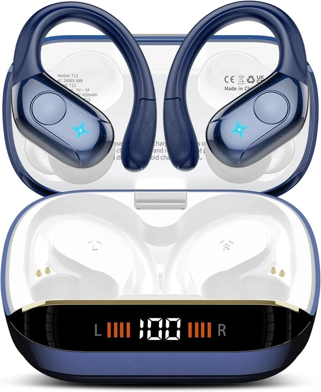 Main image of Wireless Earbuds Bluetooth Headphones Stereo Deep Bass Sports Ear Buds with Earhooks, Bluetooth Earbuds, LED Display, IP7 Waterproof Earphone, Dark Blue