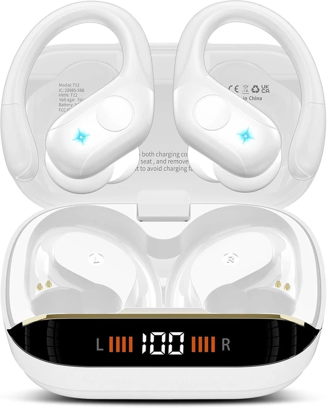 Main image of 75H Sports Wireless Earbuds Bluetooth 5.4 Headphones Stereo, White Over Ear Buds with Earhooks, LED Display Bluetooth Earbuds with 4 ENC Mic, IP7 Waterproof Earphone for Running