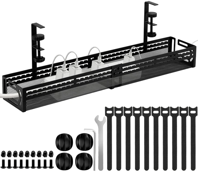 Main image of Under Desk Cable Management Tray, No Drill Mesh Cable Tray Cord Organizer 24.4'' Adjustable length Wire Management Tray Cable Management Rack, Cable Management Box (Black)