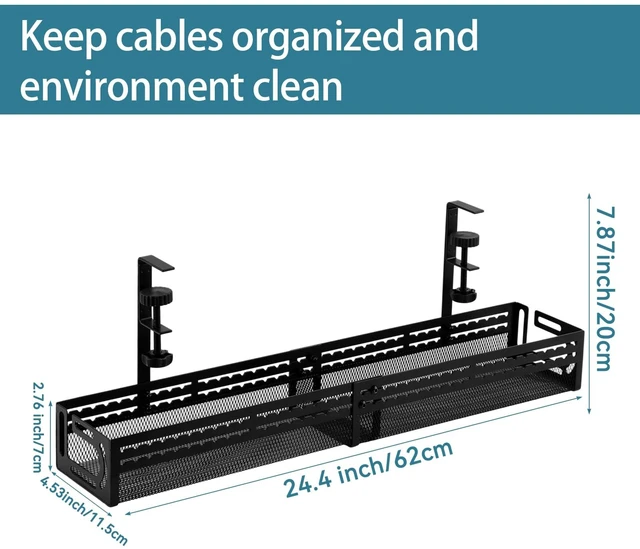 Alt view image 2 of 7 - Under Desk Cable Management Tray, No Drill Mesh Cable Tray Cord Organizer 24.4'' Adjustable length Wire Management Tray Cable Management Rack, Cable Management Box (Black)