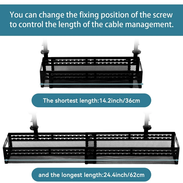 Alt view image 3 of 7 - Under Desk Cable Management Tray, No Drill Mesh Cable Tray Cord Organizer 24.4'' Adjustable length Wire Management Tray Cable Management Rack, Cable Management Box (Black)