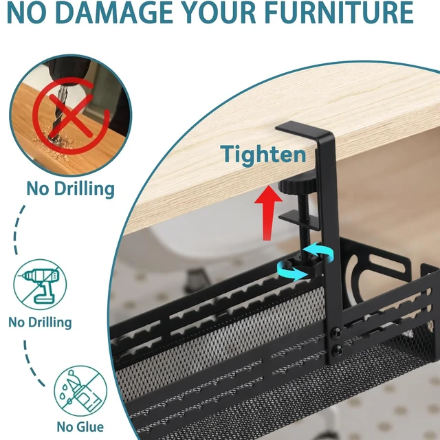Alt view image 6 of 7 - Under Desk Cable Management Tray, No Drill Mesh Cable Tray Cord Organizer 24.4'' Adjustable length Wire Management Tray Cable Management Rack, Cable Management Box (Black)